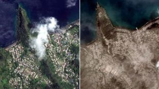Снимки от сателит на карибския остров Сейнт Винсент преди и