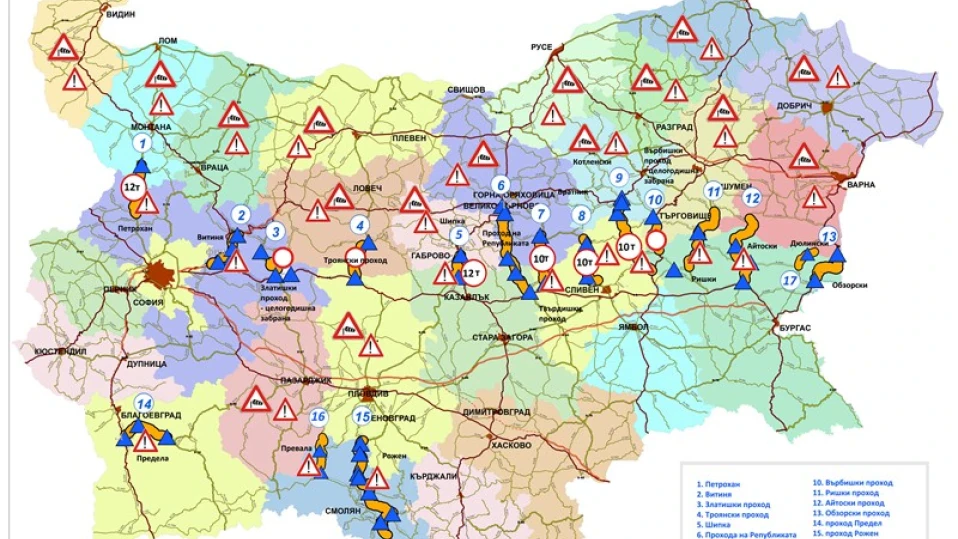 Жълт код в 16 области, виж карта на пътищата и проходите