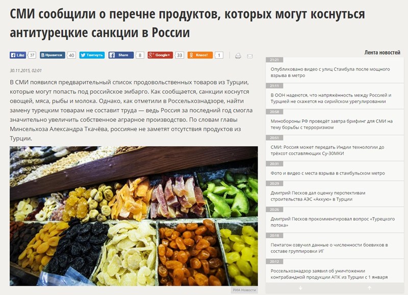 Русия с дълъг забранителен списък на продукти, внос от Турция