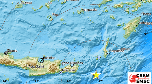 Земетресение с магнитуд 5,1 е регистрирано между островите Касос и Крит