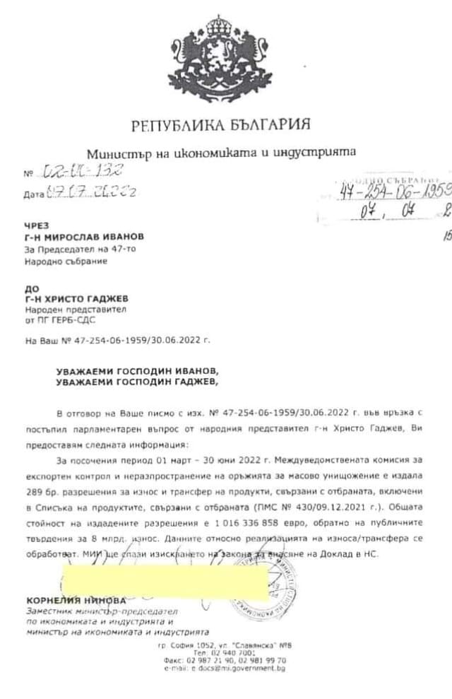 Писмото на самата Нинова показа: За 4 месеца сме изнесли оръжие и боеприпаси на стойност над 1 милиард евро