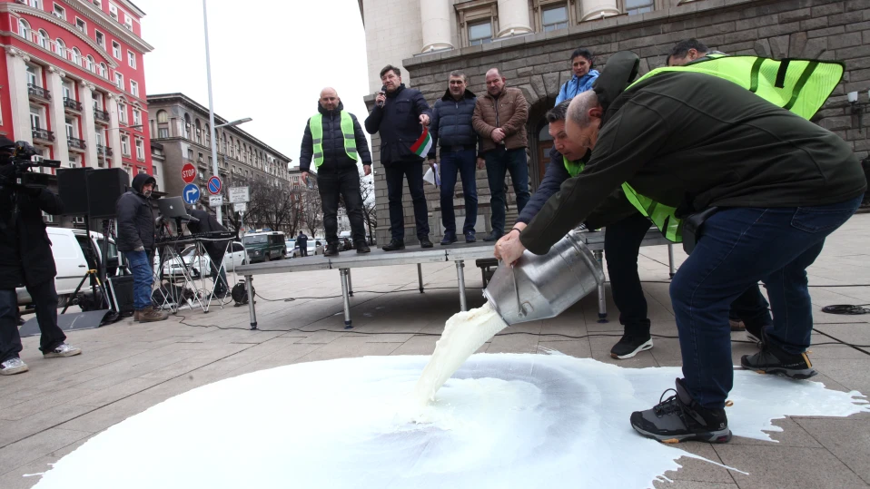 Земеделци изляха мляко на протест пред Министерския съвет (СНИМКИ)