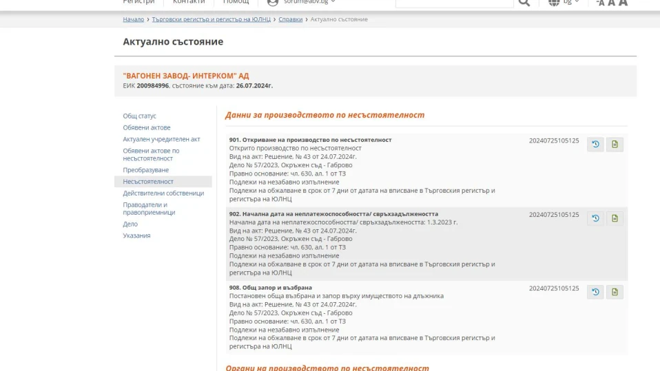 Обявиха вагонния завод в Дряново в несъстоятелност