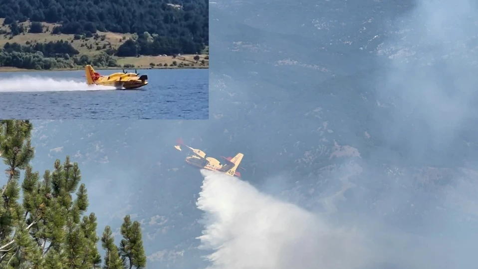 Френските противопожарни самолети зареждат вода от яз. Доспат (ВИДЕО)