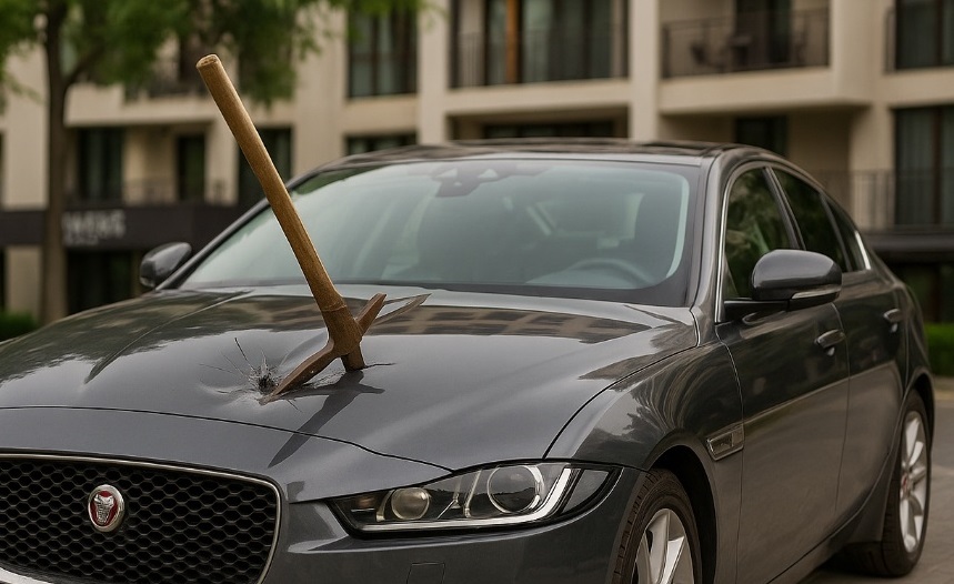 Ягуара на украинка осъмнал със забита кирка в предния капак